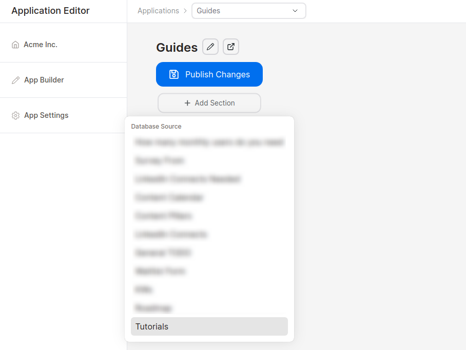 Stackoia application builder database dropdown